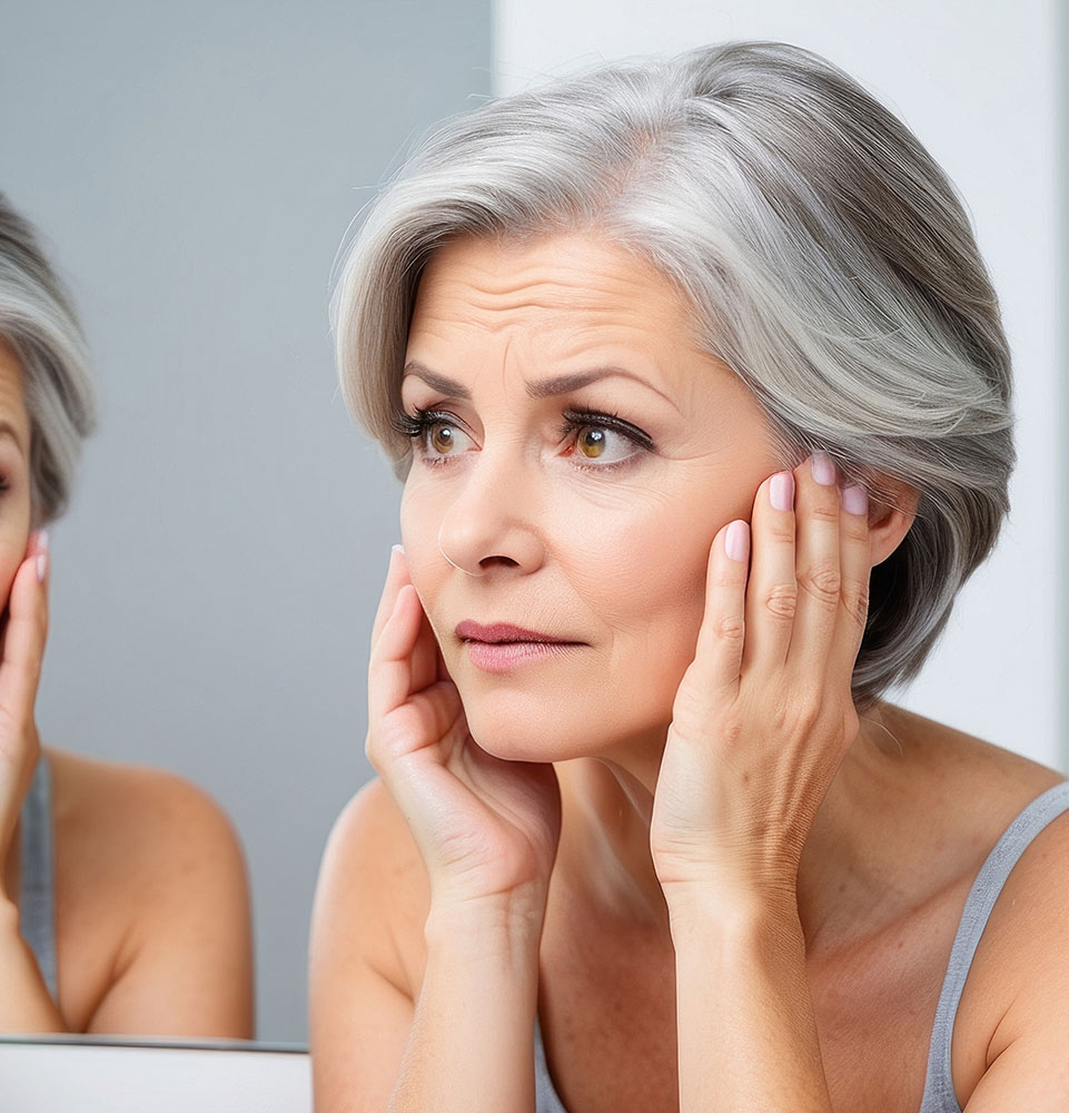 lady looking in mirror examining