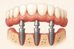 Image showcasing a side view of a patient's upper jaw with dental implants placed, highlighting the integration with the jawbone and surrounding teeth. The image could also illustrate different types of upper jaw dental implant options such as single tooth implants, multiple implants, or All-on-X full arch solutions. No text on image.