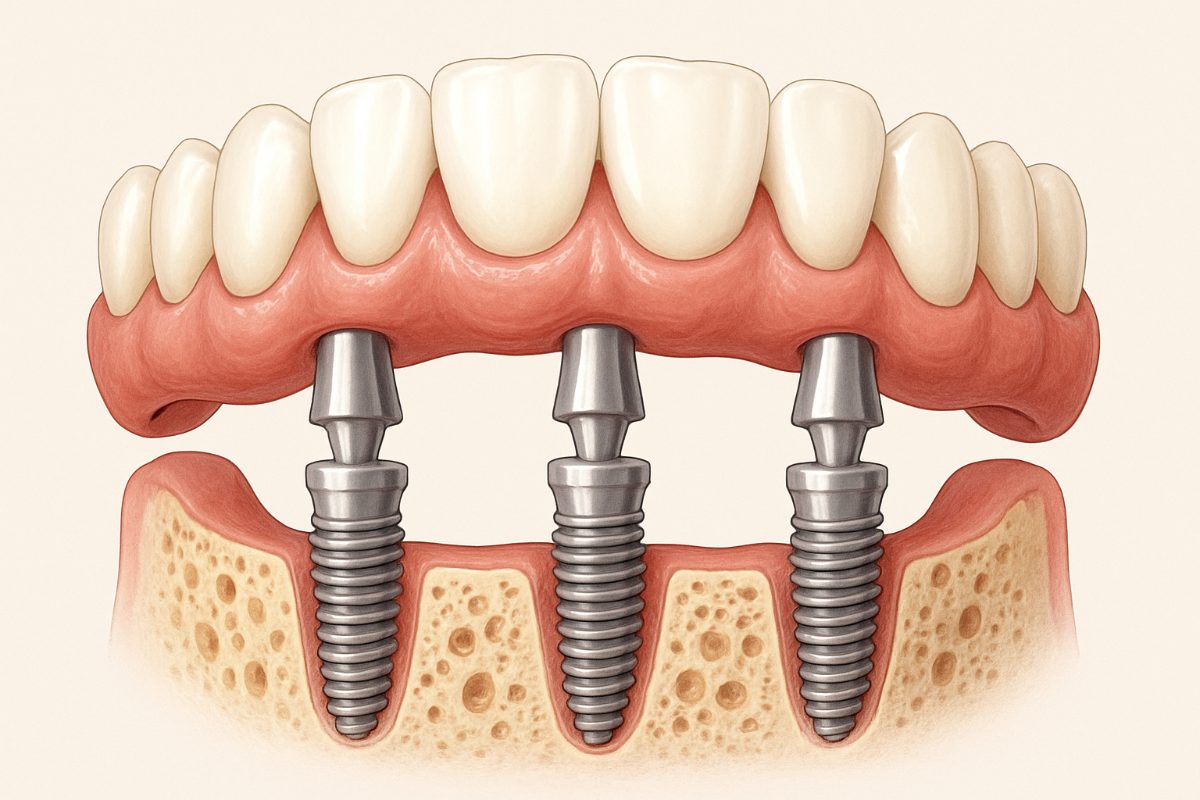 Image showcasing a side view of a patient's upper jaw with dental implants placed, highlighting the integration with the jawbone and surrounding teeth. The image could also illustrate different types of upper jaw dental implant options such as single tooth implants, multiple implants, or All-on-X full arch solutions. No text on image.