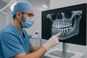 A skilled oral surgeon is shown in a modern, sterile operating room, carefully examining a detailed 3D scan of a patient's jaw, planning for an upcoming dental implant procedure. No text on image.