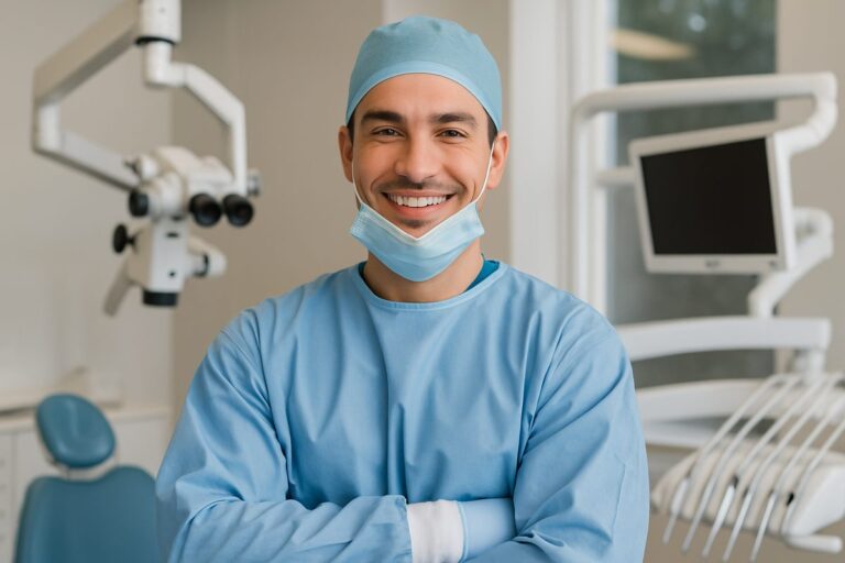 Image of a smiling, confident oral surgeon in Walnut Creek, CA, wearing a surgical gown and mask, with modern dental equipment visible in the background. No text on image.