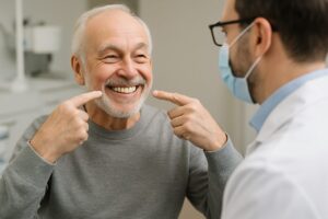 Image of a senior male smiling, pointing to his dental implants while talking to his dentist.
