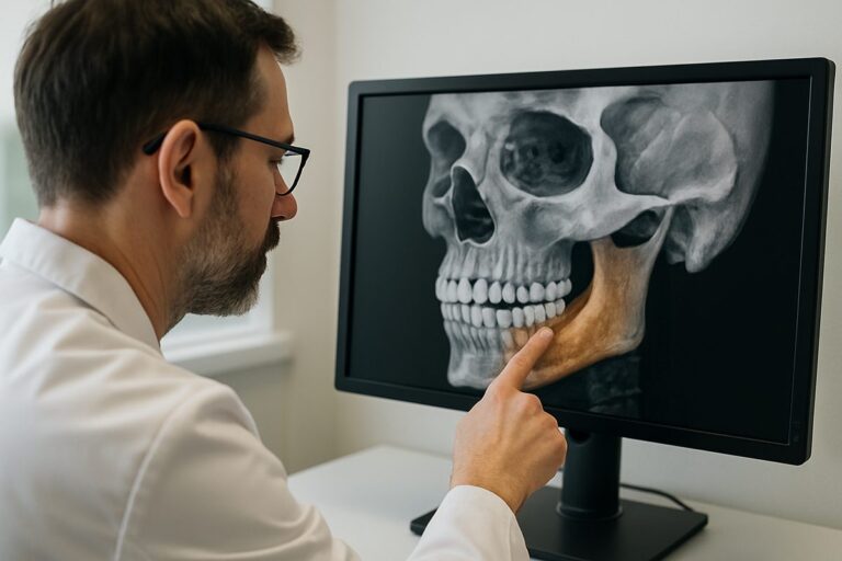 A doctor is looking at a digital scan of a patient's mouth, pointing to the location where the maxillofacial surgery will take place. No text on image.