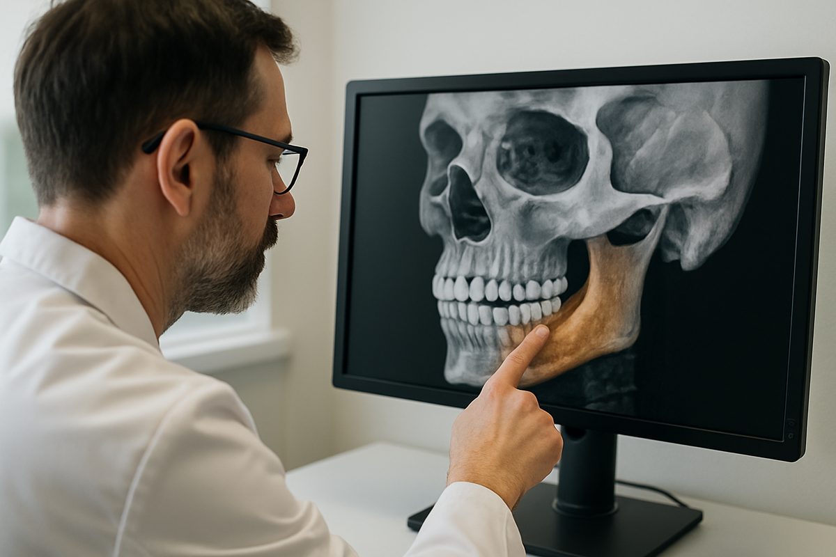 A doctor is looking at a digital scan of a patient's mouth, pointing to the location where the maxillofacial surgery will take place. No text on image.