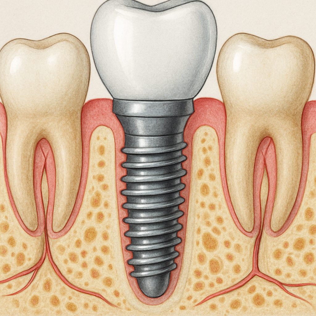 Image depicting a dentist smiling, holding a dental implant in front of a patient who is also smiling after receiving their same day implant. The text overlay says “Implant Day Near You”.