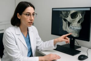 A female oral maxillofacial surgeon is consulting with a patient, reviewing a 3D scan of the patient's jaw on a computer screen. No text on the image.
