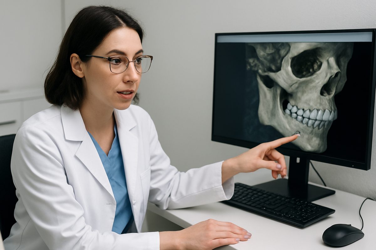 A female oral maxillofacial surgeon is consulting with a patient, reviewing a 3D scan of the patient's jaw on a computer screen. No text on the image.