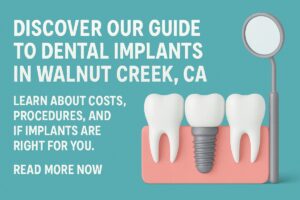 Photo of a dentist explaining the dental implant procedure to a patient using a model of a jaw with implants. The text on the image says "Dental Implants: A Comprehensive Guide".