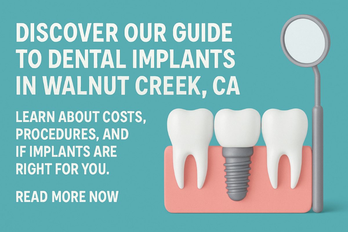 Photo of a dentist explaining the dental implant procedure to a patient using a model of a jaw with implants. The text on the image says "Dental Implants: A Comprehensive Guide".